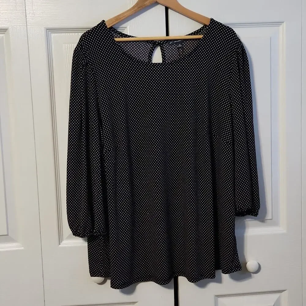 Adrianna Papell Womens Polka-dot Blouse Size 2X Keyhole Back 3/4 Sleeves Stretch